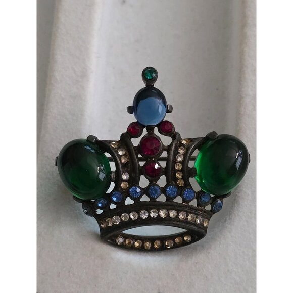 Trifari Alfred Phillippe Sterling Silver Crown Brooch Green Cabochons Rhinestone - Picture 1 of 8